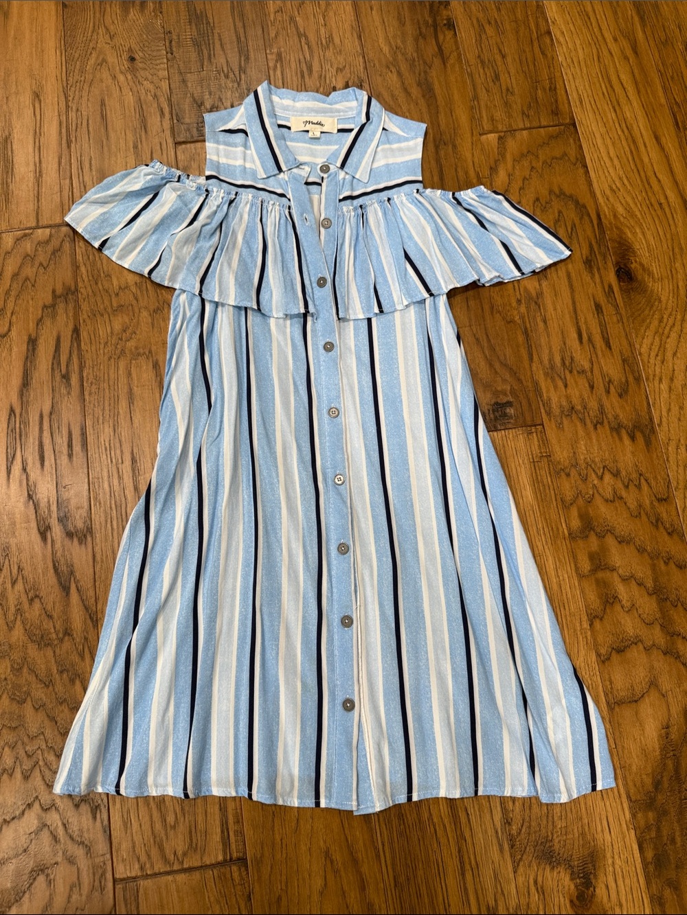 Maddie Girls Size L shades of blue & white striped dress with ruffle